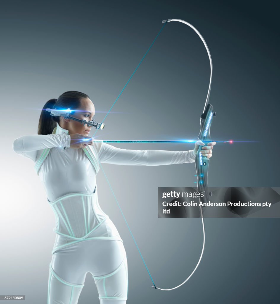 Futuristic Pacific Islander archer using hi-tech bow and arrow