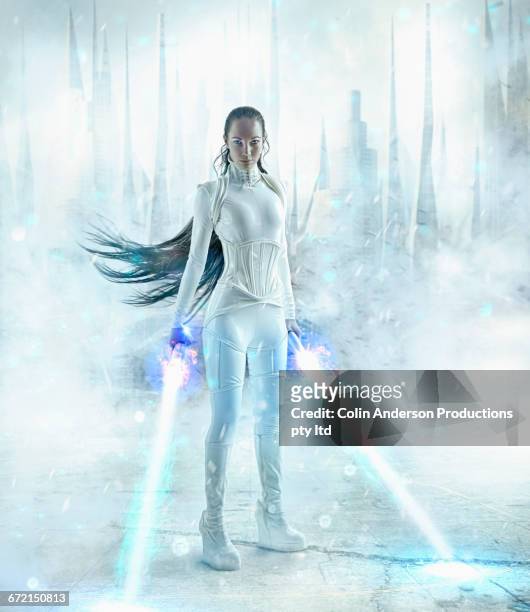 futuristic pacific islander woman holding glowing light sabers - pre game stockfoto's en -beelden