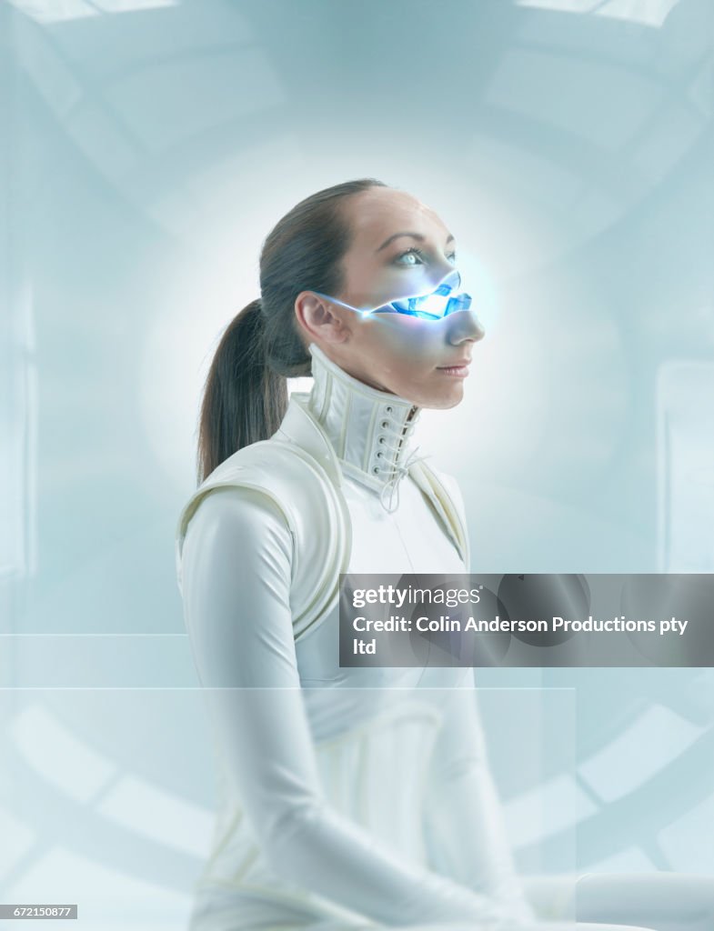 Futuristic Pacific Islander woman android tilting open face
