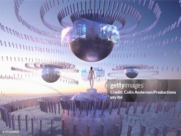 futuristic pacific islander woman on sphere in sky watching holograms - power concept stock pictures, royalty-free photos & images