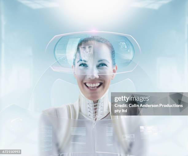 futuristic woman video conferencing with daughter on hologram screen - familie technologie virtuell stock-fotos und bilder