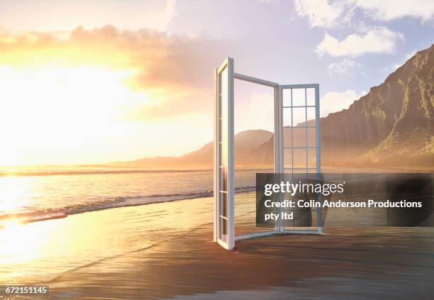 open window at ocean beach - doorway stock pictures, royalty-free photos & images