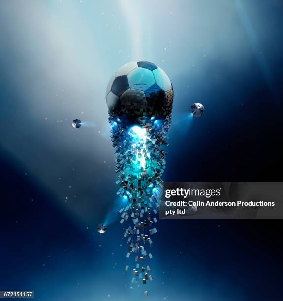 digital soccer ball exploding in outer space - world cup australia stock pictures, royalty-free photos & images