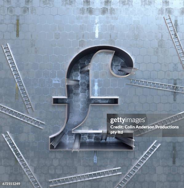 ladders scattered around three-dimensional british pound symbol - pointer stock illustrations
