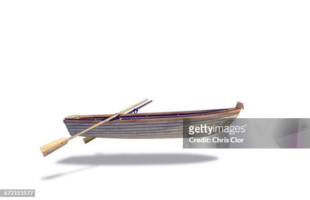 rowboat and oars floating in white background - rowboat stock pictures, royalty-free photos & images