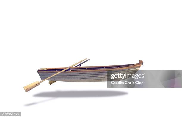 rowboat and oars floating in white background - rowboat stock pictures, royalty-free photos & images