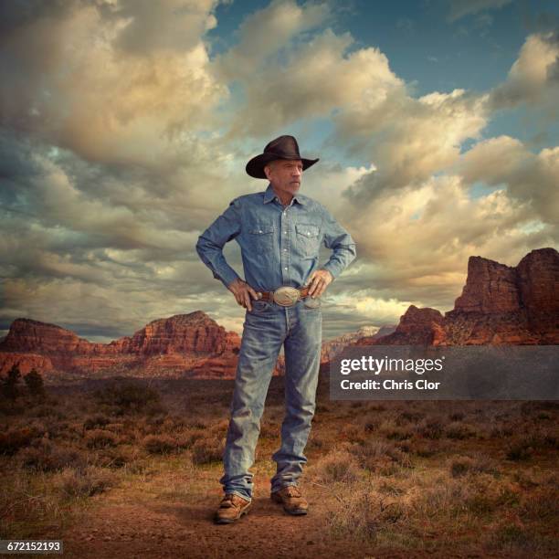 caucasian cowboy standing with hands on hips in desert landscape - cowboy photos et images de collection