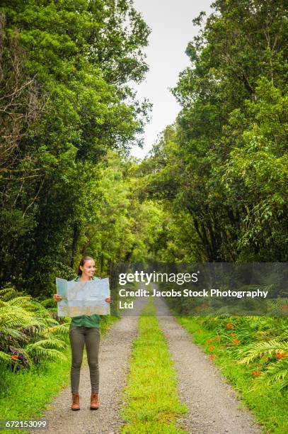 hispanic woman reading map on path in lush green forest - greymouth stock-fotos und bilder