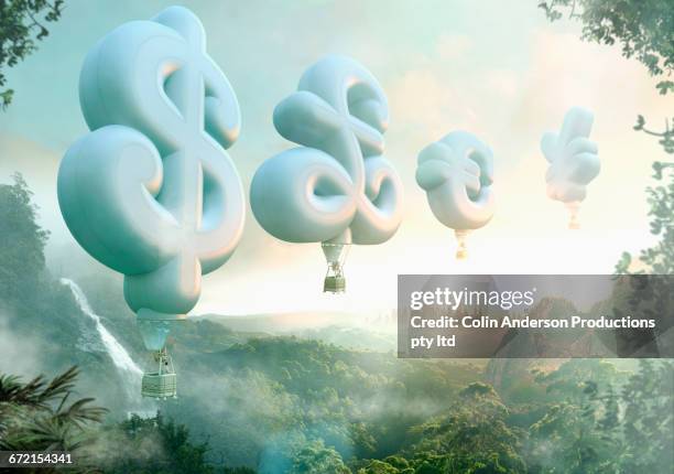 people floating in currency symbol hot air balloons - southern european descent stock illustrations