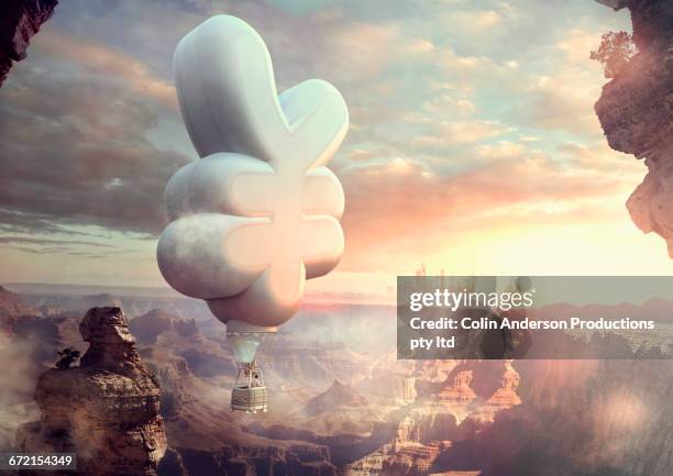 stockillustraties, clipart, cartoons en iconen met mixed race man floating in yuan hot air balloon at sunset - stock of japanese yen and us dollars ahead of british eu referendum vote