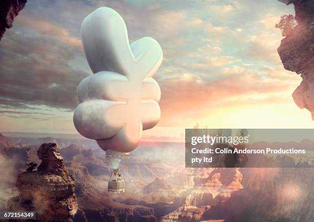 mixed race man floating in yuan hot air balloon at sunset - yen sign stock illustrations