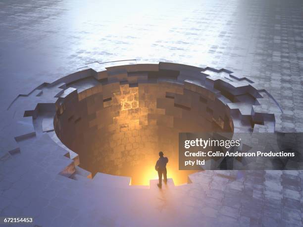 ilustrações de stock, clip art, desenhos animados e ícones de caucasian man examining glowing metal hole - só um homem de idade mediana