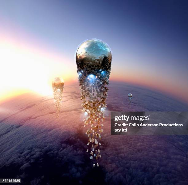 futuristic pixelated balls in sky - science et technologie stock-grafiken, -clipart, -cartoons und -symbole