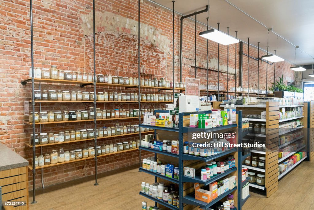 Aisles of merchandise in nutrition store