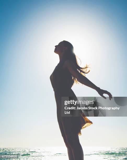 silhouette of profile of caucasian woman at beach - profile woman silhouette imagens e fotografias de stock