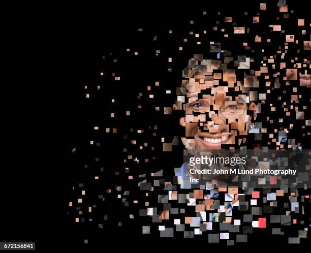 collage of pixels forming human face - pixelated face stock pictures, royalty-free photos & images