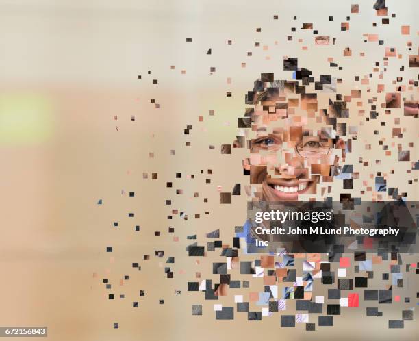 collage of pixels forming human face - pixelated portrait stock pictures, royalty-free photos & images
