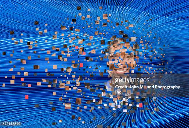 collage of pixels forming human face in flowing beams of hi-tech energy - pixelated portrait stock pictures, royalty-free photos & images