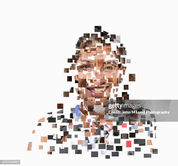 collage of pixels forming human face - pixelated face stock-fotos und bilder