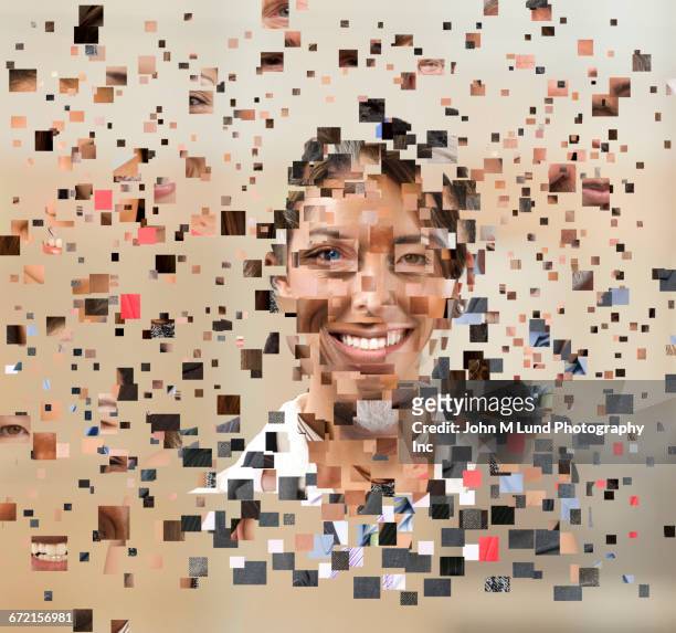 collage of pixels forming human face - image collage fotografías e imágenes de stock