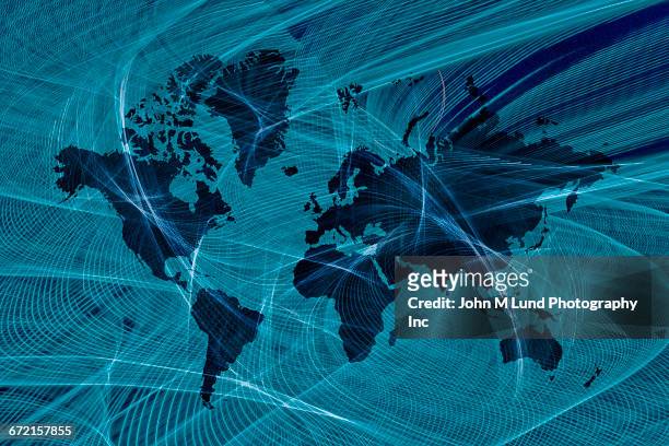 illustrazioni stock, clip art, cartoni animati e icone di tendenza di blue lines flowing over global map - affari internazionali