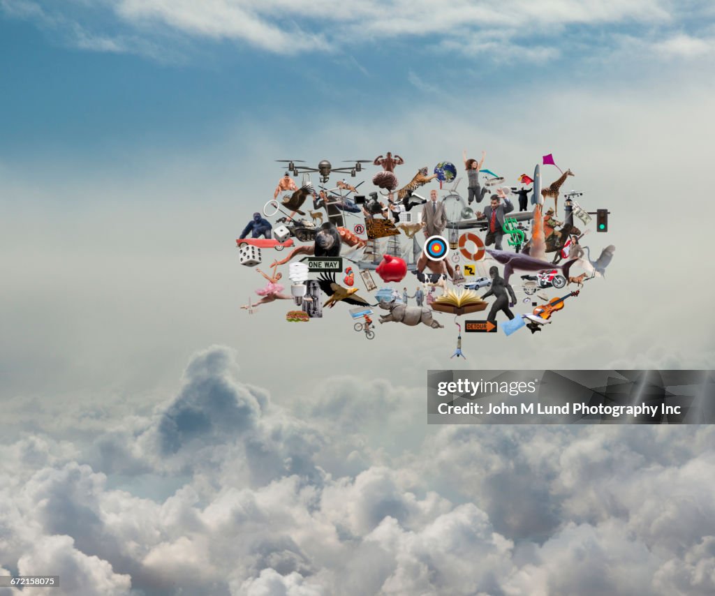 People, animals and objects floating in cloud storage