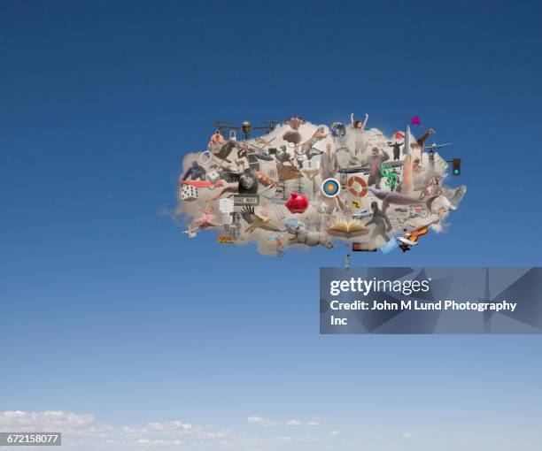 people, animals and objects floating in cloud storage - tiger and monkey stock pictures, royalty-free photos & images
