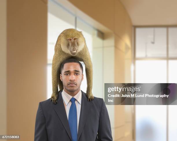 unhappy black businessman with grinning monkey on back - office monkey stock pictures, royalty-free photos & images