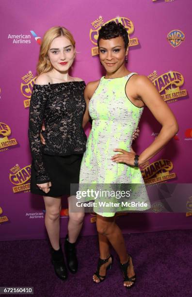 Meg Donnelly and Carly Hughes attend the Broadway Opening Performance of 'Charlie and the Chocolate Factory' at the Lunt-Fontanne Theatre on April...