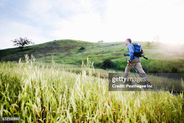 caucasian man hiking in on mountain path - hiking pole stockfoto's en -beelden