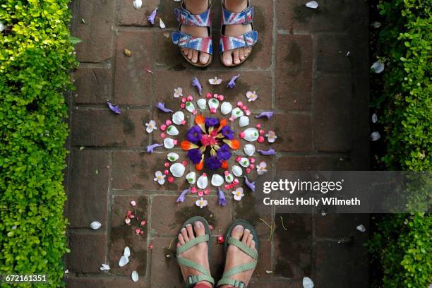 feet of woman near arranged flowers - heritage round two imagens e fotografias de stock