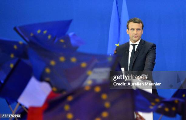 Founder and Leader of the political movement 'En Marche !' Emmanuel Macron speaks after winning the lead percentage of votes in the first round of...