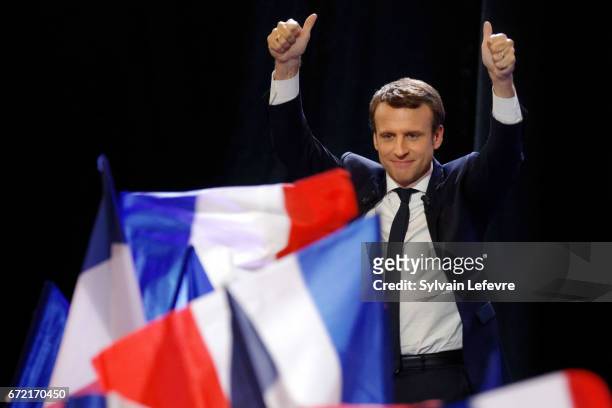Founder and Leader of the political movement 'En Marche !' Emmanuel Macron speaks after winning the lead percentage of votes in the first round of...