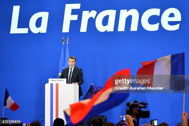 Founder and Leader of the political movement 'En Marche !' Emmanuel Macron speaks after winning the lead percentage of votes in the first round of...