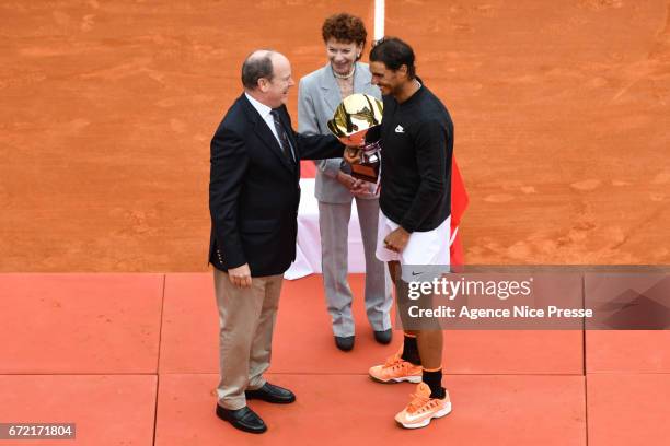 Rafael Nadal of Spain and Albert Prince of Monaco and Elisabeth Anne de Massy President of Monaco tennis federation during the Final of the Monte...