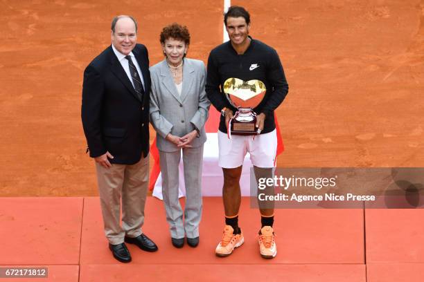 Rafael Nadal of Spain and Albert Prince of Monaco and Elisabeth Anne de Massy President of Monaco tennis federation during the Final of the Monte...