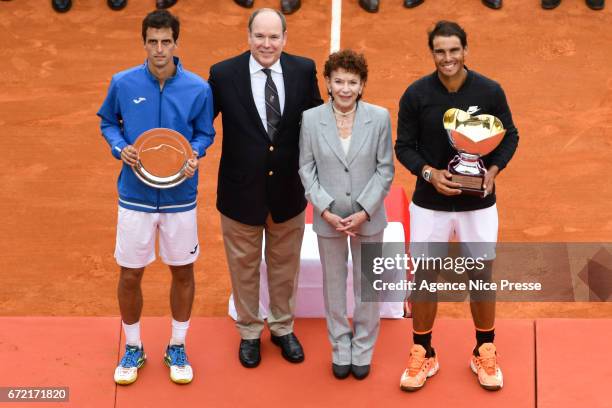 Rafael Nadal of Spain and Albert Prince of Monaco and Elisabeth Anne de Massy President of Monaco tennis federation during the Final of the Monte...