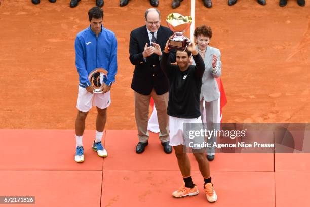 Rafael Nadal of Spain and Albert Prince of Monaco and Elisabeth Anne de Massy President of Monaco tennis federation during the Final of the Monte...