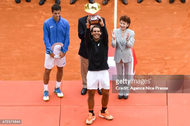 Rafael Nadal of Spain and Albert Prince of Monaco and Elisabeth Anne de Massy President of Monaco tennis federation during the Final of the Monte...