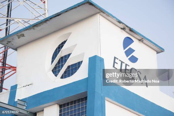Logo or sign in modern building. 'Empresa de Telecomunicaciones de Cuba S.A.' is a government owned telecommunications service provider for the...