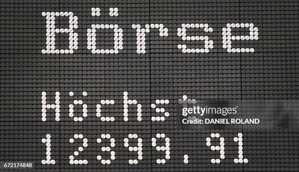 The preliminary highest day level of Germany's share index DAX is being displayed on a board on April 24, 2017 at the stock exchange in Frankfurt am...