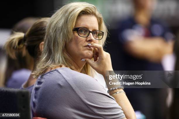 Coach Helene Wilson of the Mystics looks on during the New Zealand Premiership match between the Pulse and the Mystics TSB Bank Arena on April 24,...