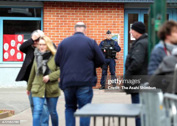 General view of a polling station on April 23, 2017 in Henin Beaumont, France. The country will vote in a second round of Presidential elections on...