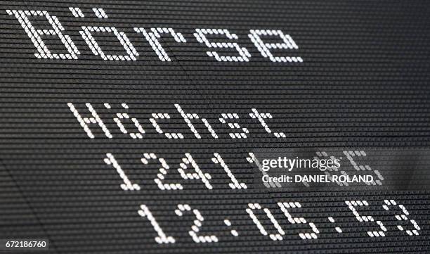 The preliminary highest day level of Germany's share index DAX is being displayed on a board on April 24, 2017 at the stock exchange in Frankfurt am...
