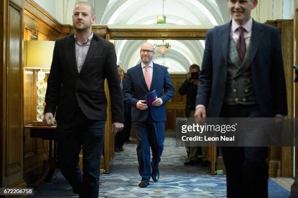 Leader Paul Nuttall arrives walks along a corridor ahead of a policy launch event at the County Hall on April 24, 2017 in London, England. During the...