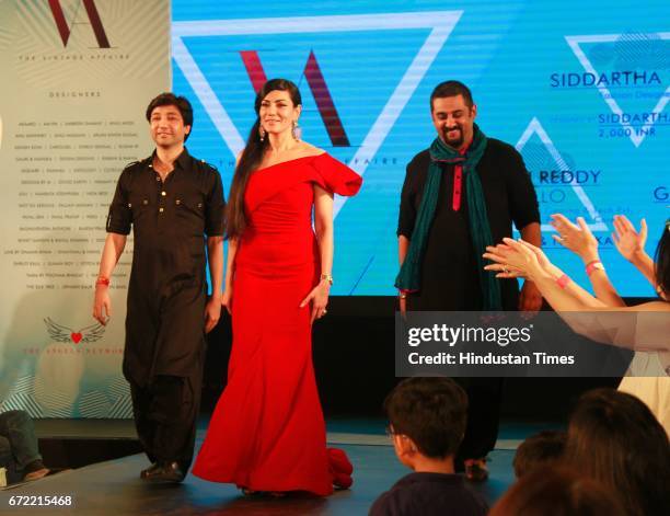 Gautam Rakha, Harathi Rebello and Siddartha Tytler walk the runway for the Vintage Affaire 3 Fashion Show at Select Citywalk on April 21, 2017 in New...