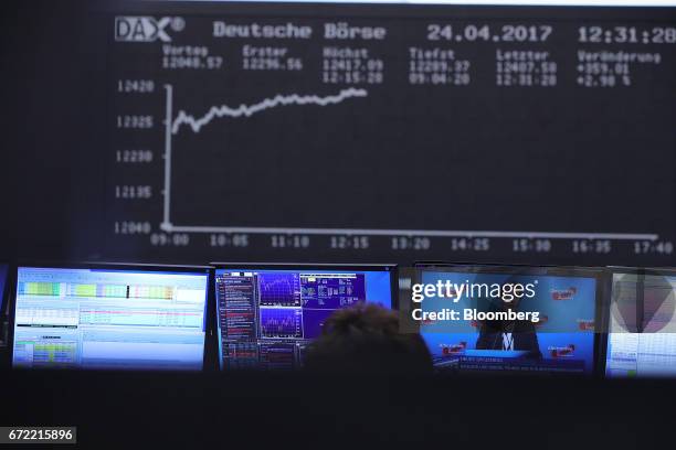 Television news report shows an Alternative for Germany news conference as the DAX index curve is displayed beyond inside the Frankfurt Stock...