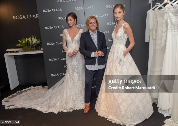 Mariana Downing, Rosa Clara and Jordan van der Vyver attend a bridal fitting at the Rosa Clara Bridal studio on April 24, 2017 in Barcelona, Spain.