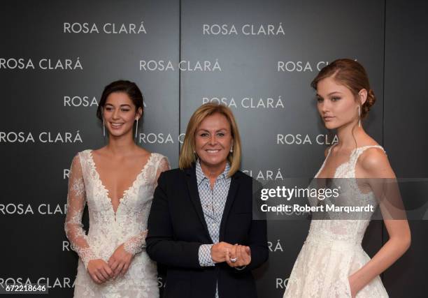 Mariana Downing, Rosa Clara and Jordan van der Vyver attend a bridal fitting at the Rosa Clara Bridal studio on April 24, 2017 in Barcelona, Spain.