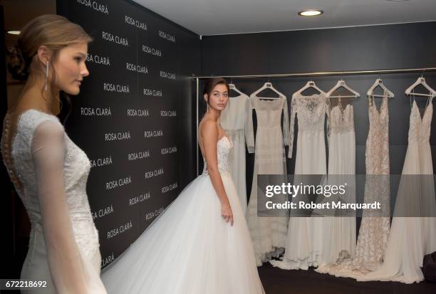 Mariana Downing and Jordan van der Vyver attend a bridal fitting at the Rosa Clara Bridal studio on April 24, 2017 in Barcelona, Spain.